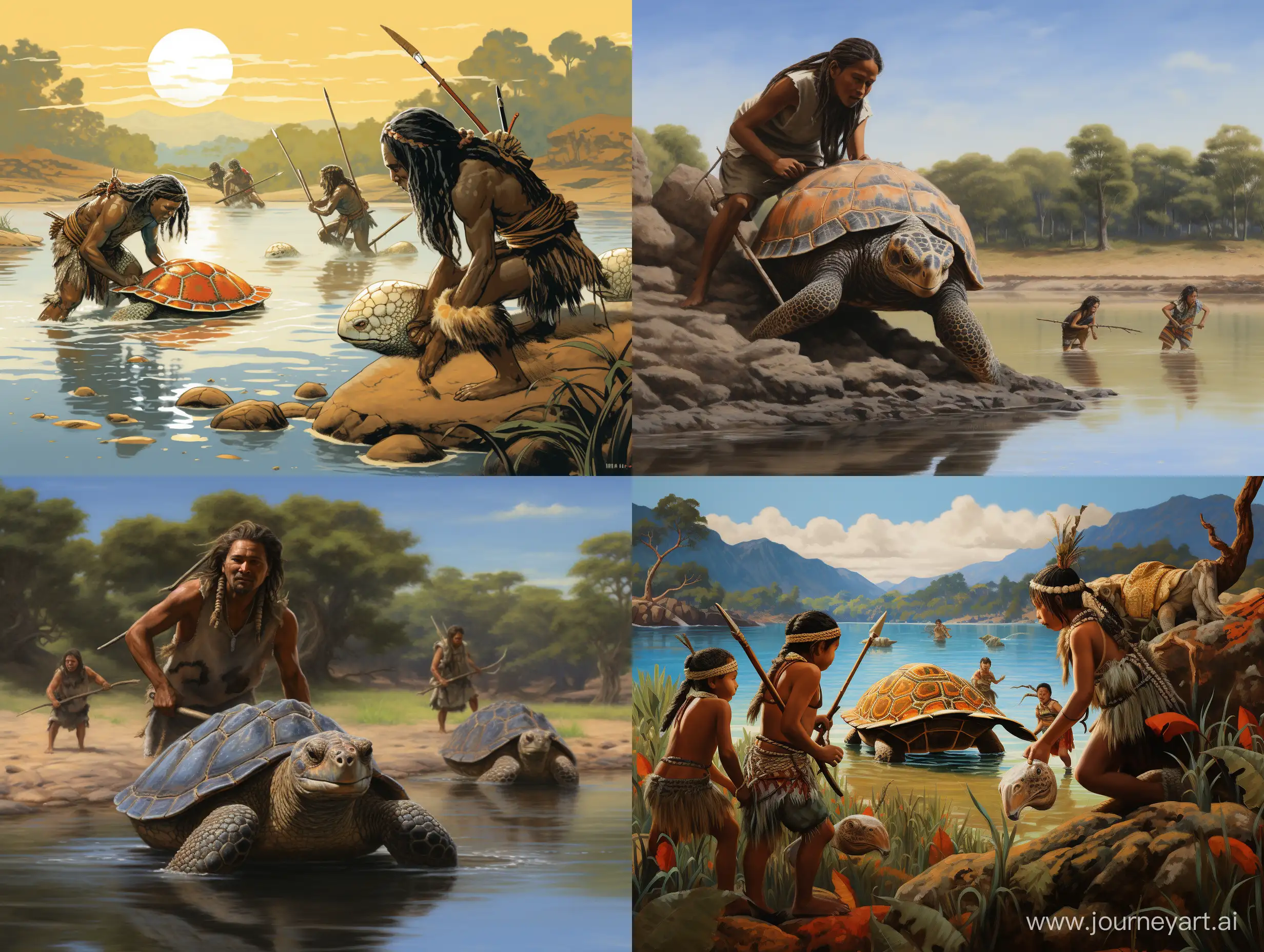 Aborigines are hunting for a turtle