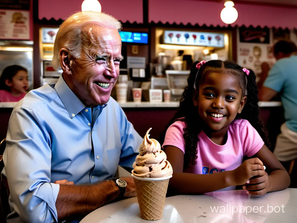 Joe Biden sitting with a young girl enjoying a choc chip ice-cream in an ice-cream parlor. They are sitting at a table, full shop scene, great detail, sharp images.