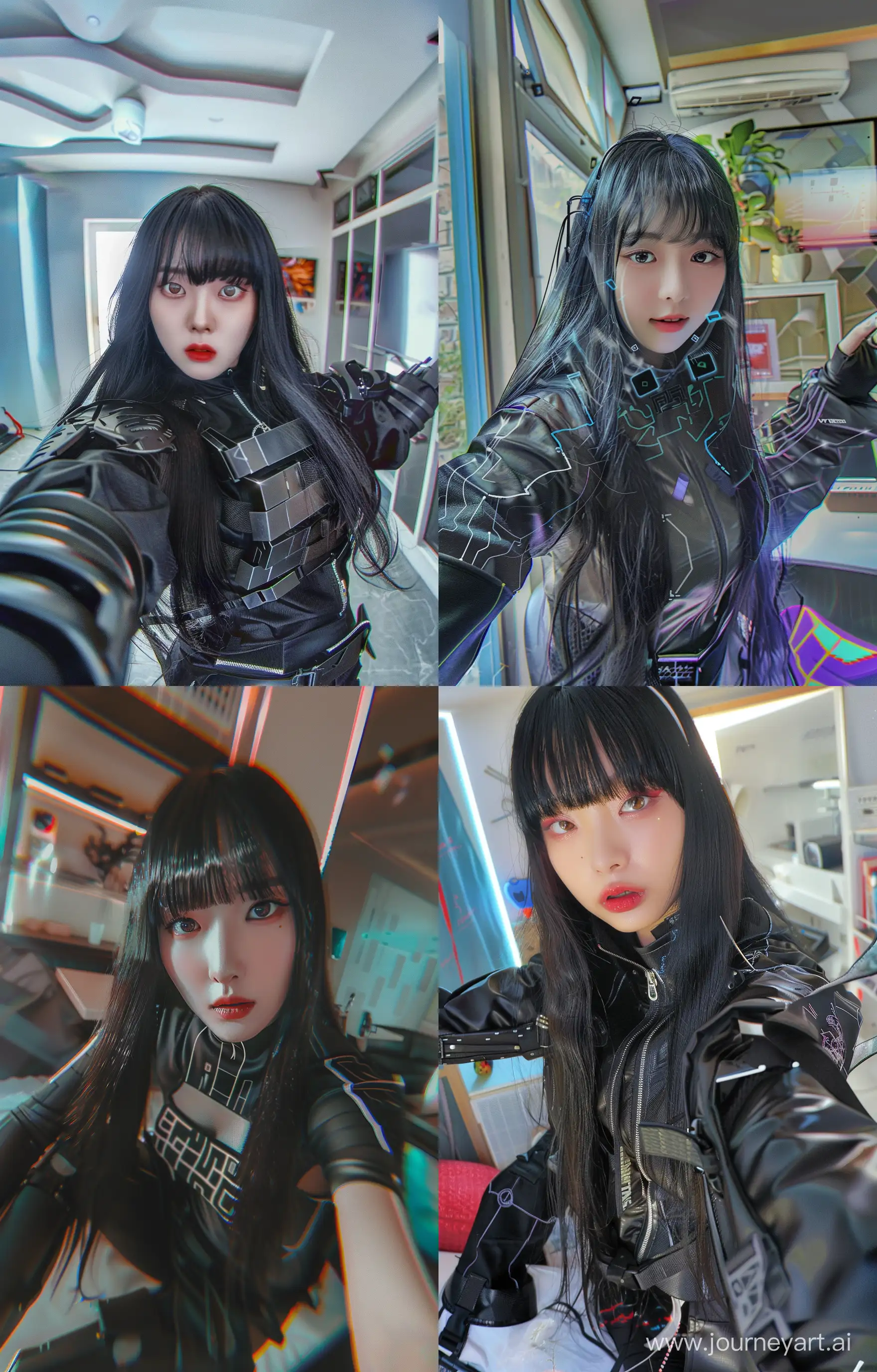 selfie a cute kpop i d o l, , with long black hair with bangs, wearing techwear, selfie in her cyberpunk apartment during the daytime, HDR, --ar 1500:2333 --style raw --stylize 10 --v 6
