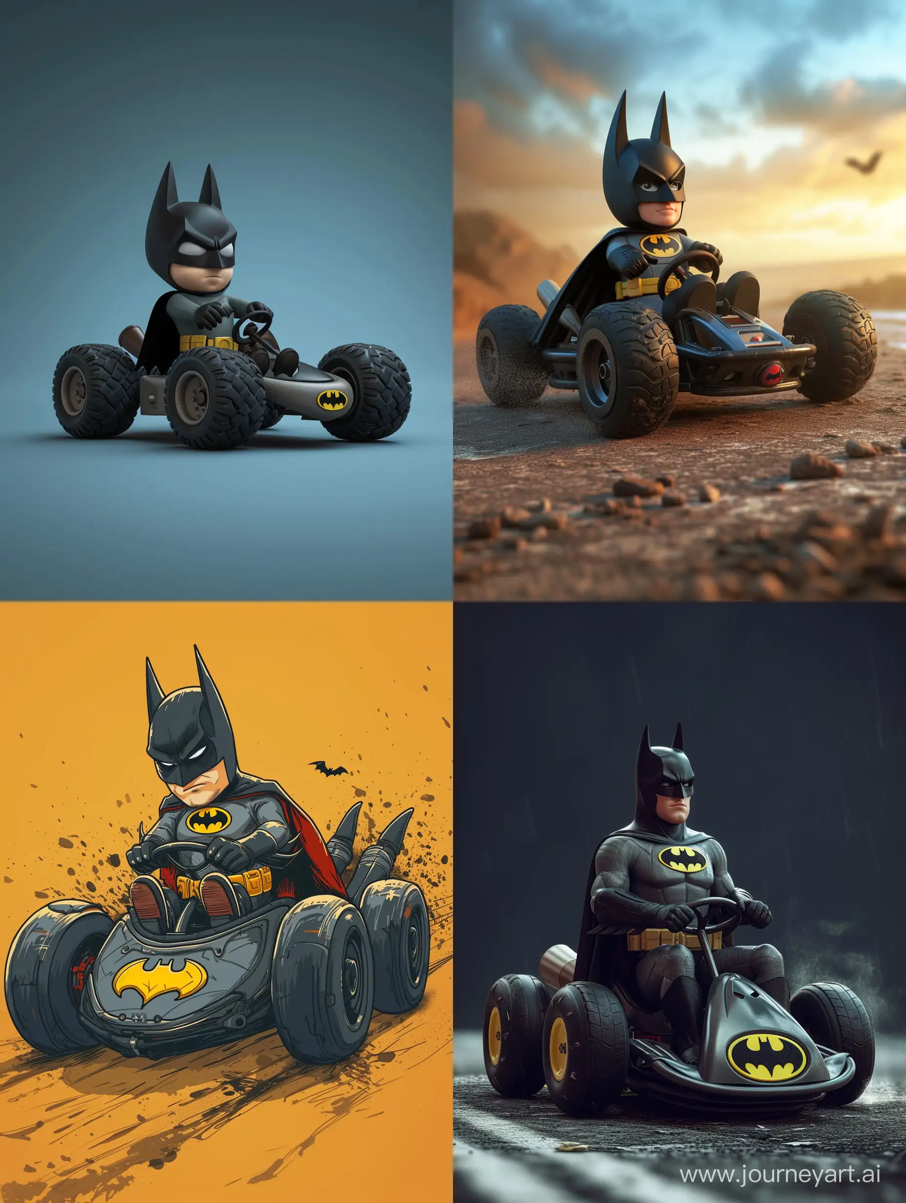 A Batman [mario go kart] with wheels on it, in the style of 32k uhd, flat perspective, conceptual, high detailed