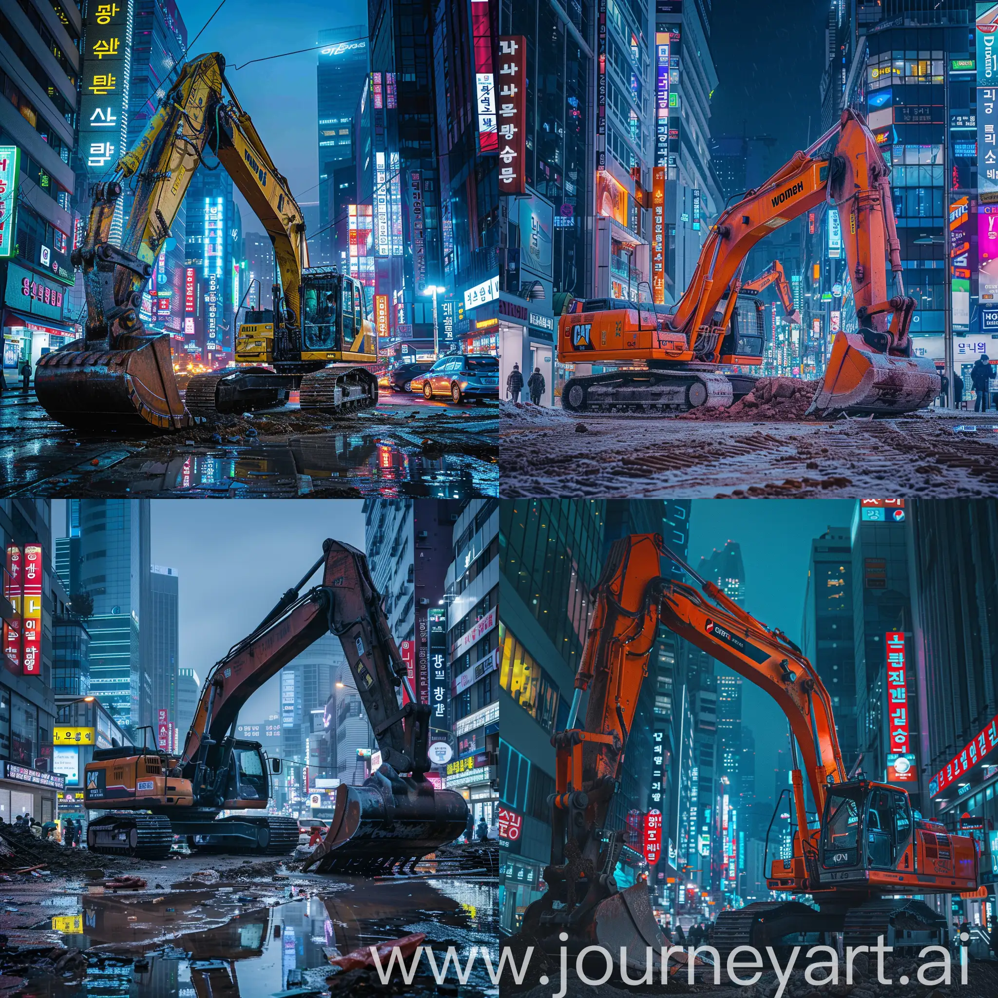 prompt: An excavator in the middle of Gangnam, Seoul, Korea, surrounded by bustling city life, skyscrapers, and neon lights, highlighting the contrast between construction machinery and the urban environment.