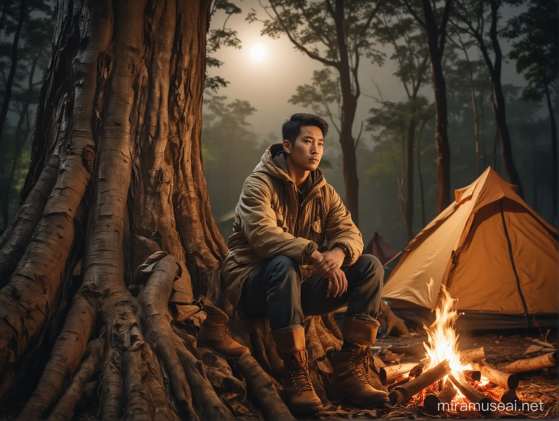 Asian Man in Mountain Jacket Sitting by Bonfire in Tropical Forest