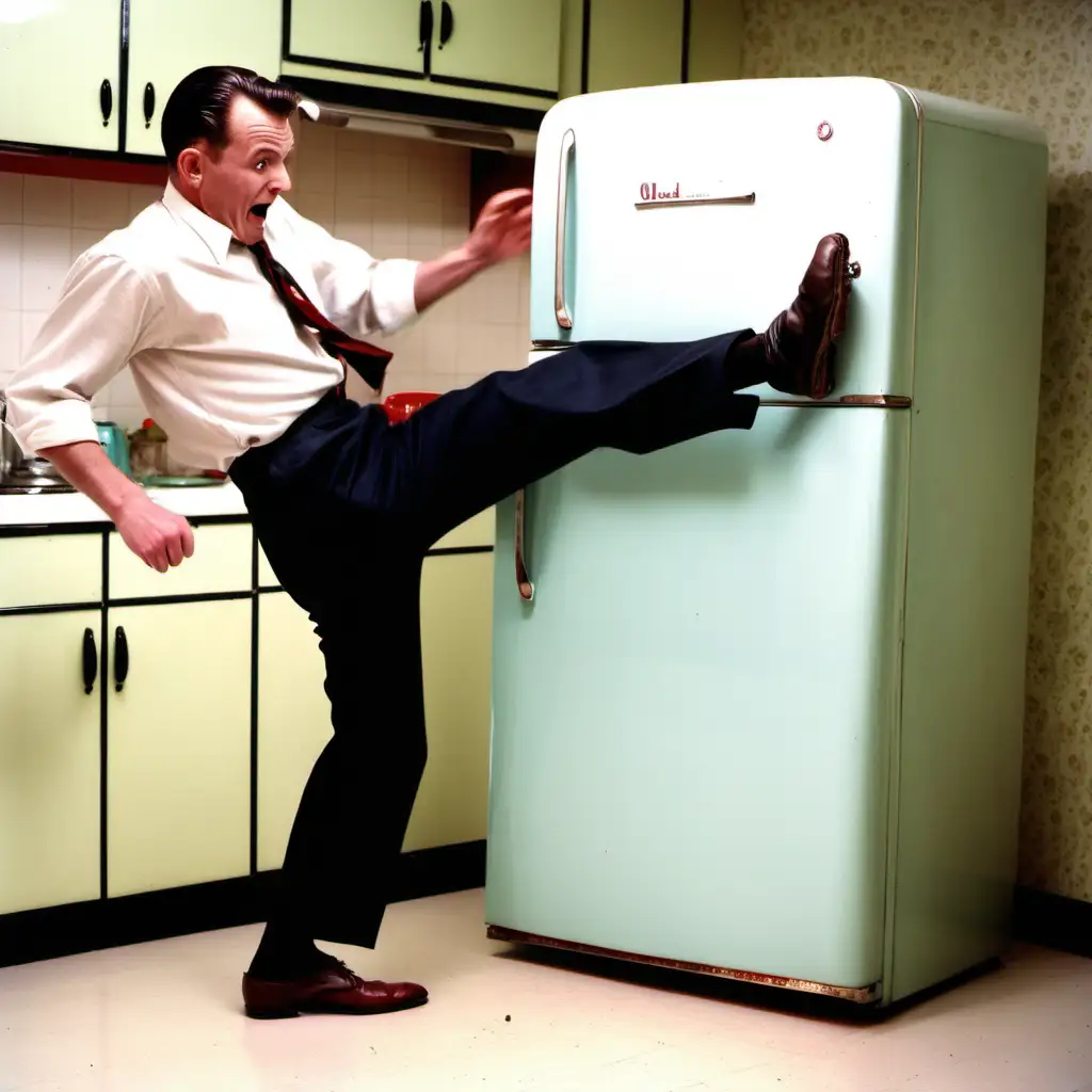 man kicking old fridge in a 1950s kitchen