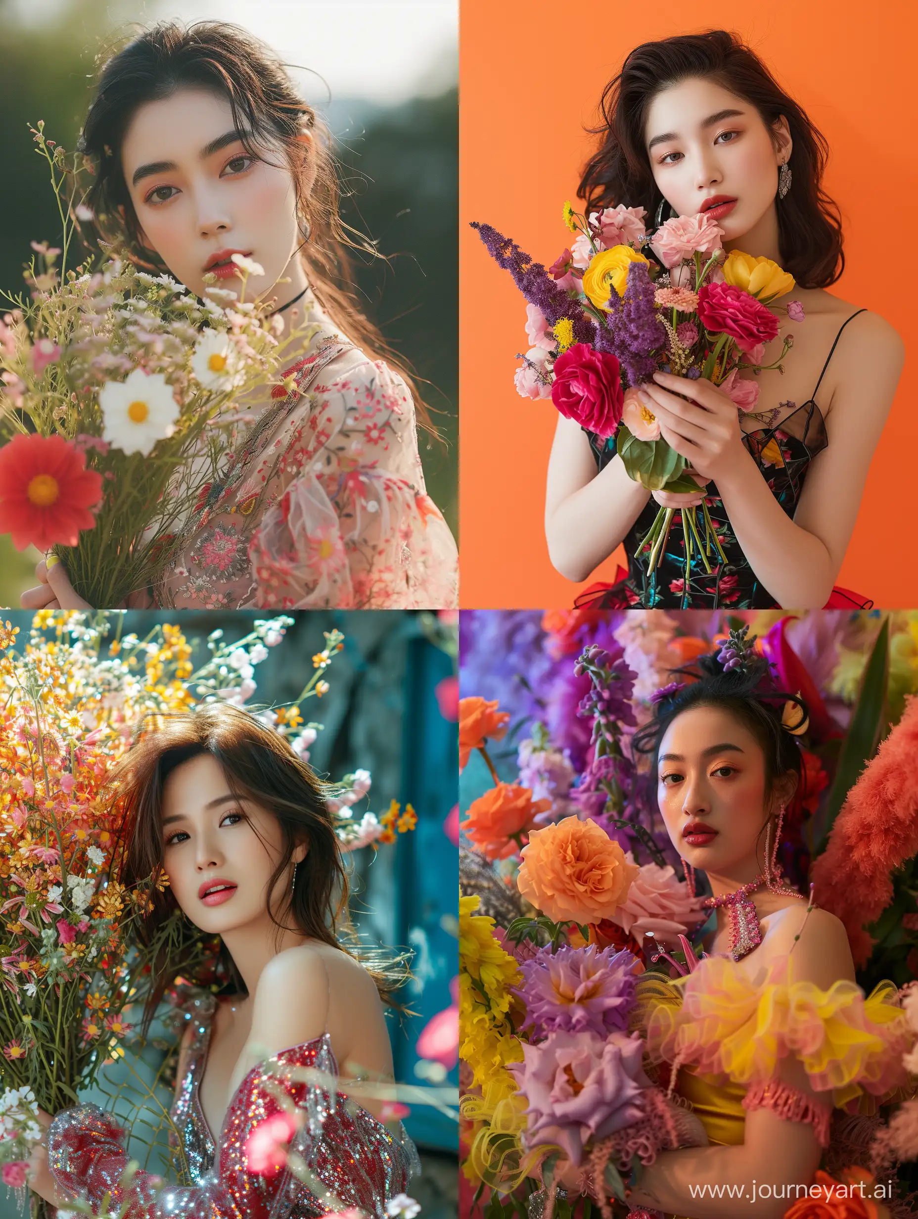 real photo of celebrity, full shot, a woman do a photoshoot together with creative pose, ultra beautiful, crazy outfit, aodai, best quality, creative shot, cute, she bold a flower bouquet --ar 3:4 --chaos 2