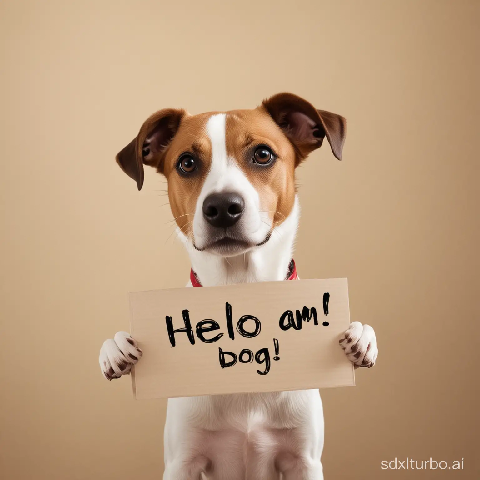 photograph of a dog holding up a sign that says: "hello I'm a dog!"