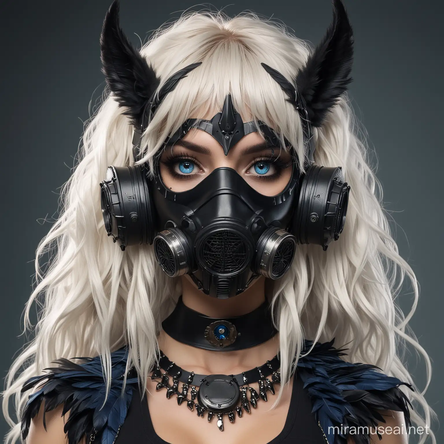 girl with white wavy hair with bangs, black and blue feathers in hair, anubis black ears, wearing black gas mask, huge dark eyes, dj style, postapocalypse