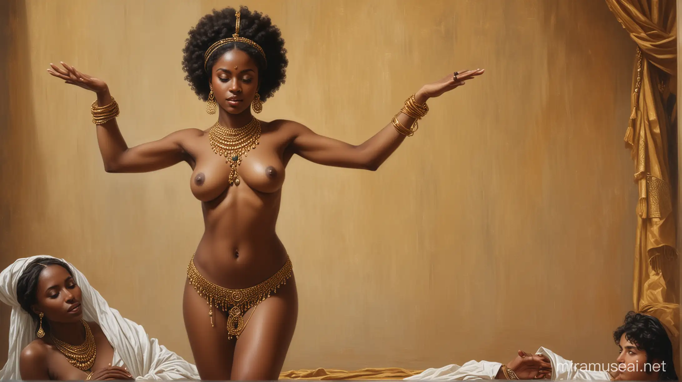 A painting  of beautiful naked black slave wearing 
lots of gold jewellery, dancing in front of her arab master, Orientalist style painting by Ludwig Deutsch 