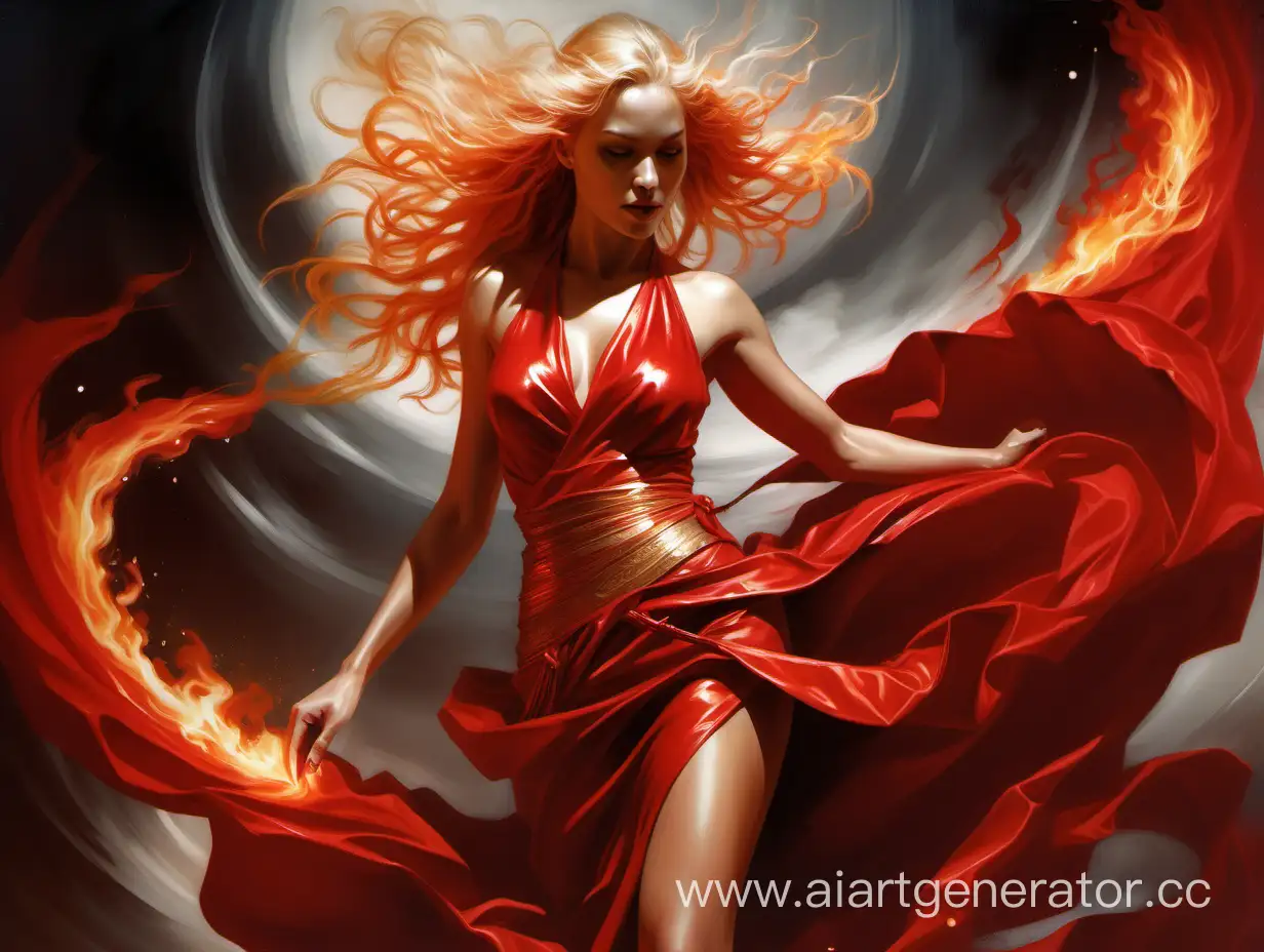 a painting of an Eastern woman in a scarlet dress, a painting with air brushes inspired by Raymond Swanland, long blond flaming hair, epic full-color illustration, simonetti brand style, emotional oil painting, beautiful tall painting, glowing amber, detailed image, oil paintings, airborne canvas, full-color illustration, detailed cover design, by josephon, Daenerys, Air Brush, Raymond Swiland, Mark Simonetti