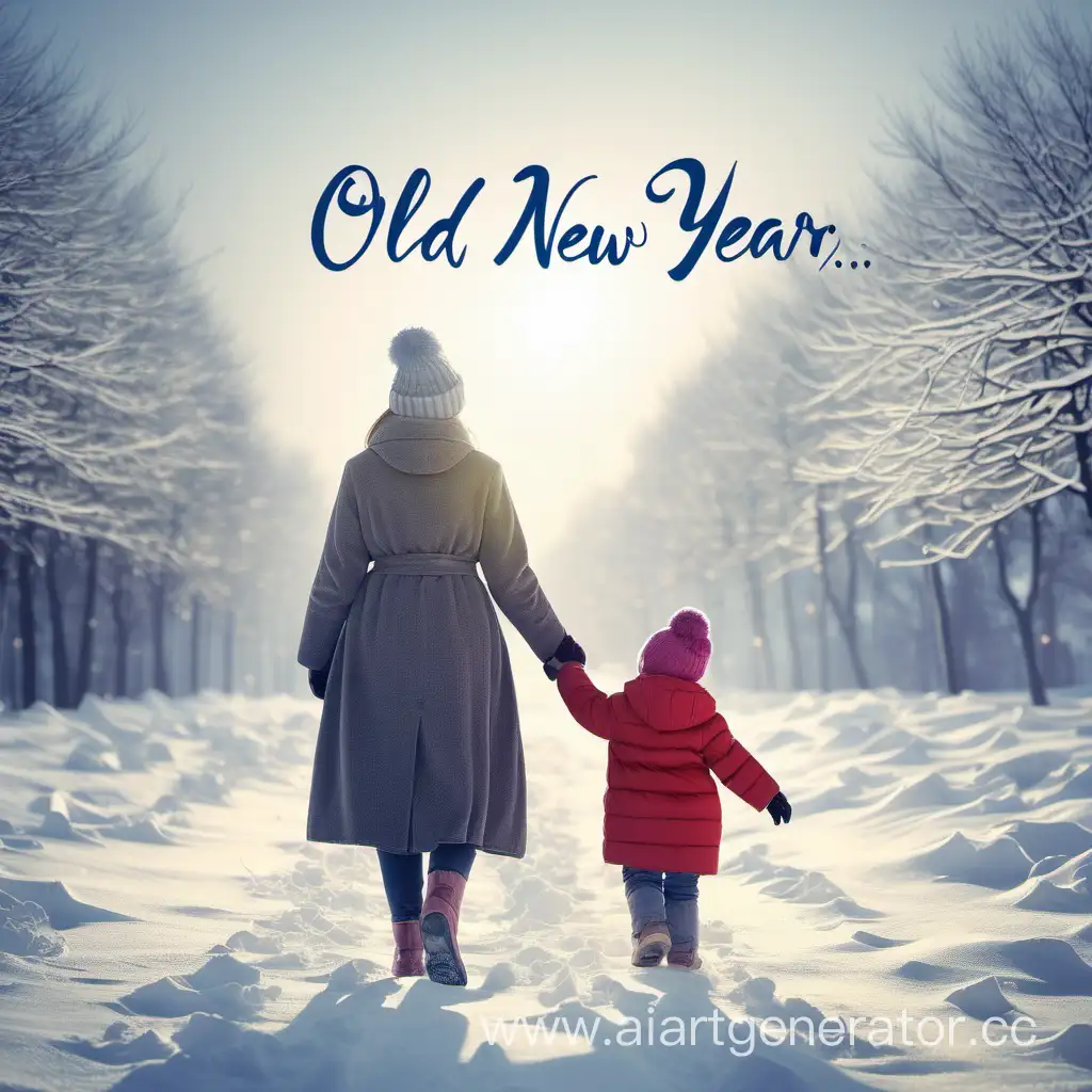 надпись "Старый новый год 2024" зима, мама с ребенком спиной