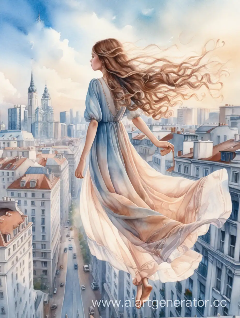 Ультра-детализация, мягкая акварель, яркая акварель, девушка славянская внешность, в длинном светлом платье, длинные каштановые волосы, локоны, девушка идет по ниточке на высоте, над городом, между высокими домами, небо, балансирует в воздухе