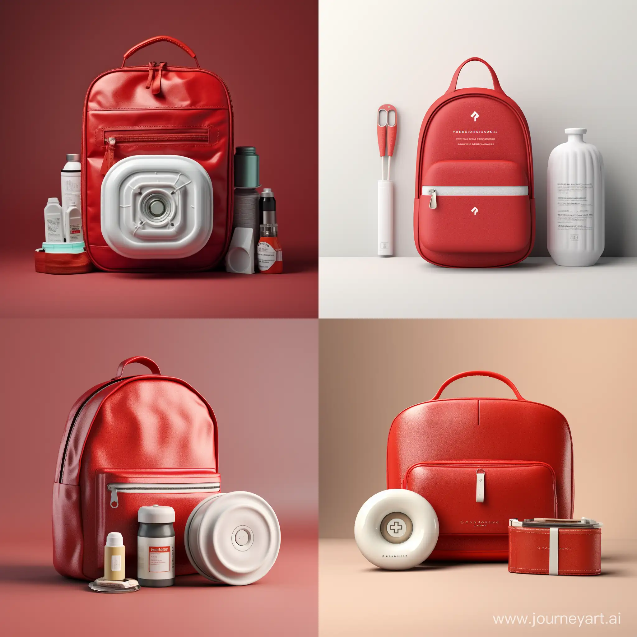 产品，火灾急救包，外观为圆角的长方形小背包，红色，顶面有白色的内环