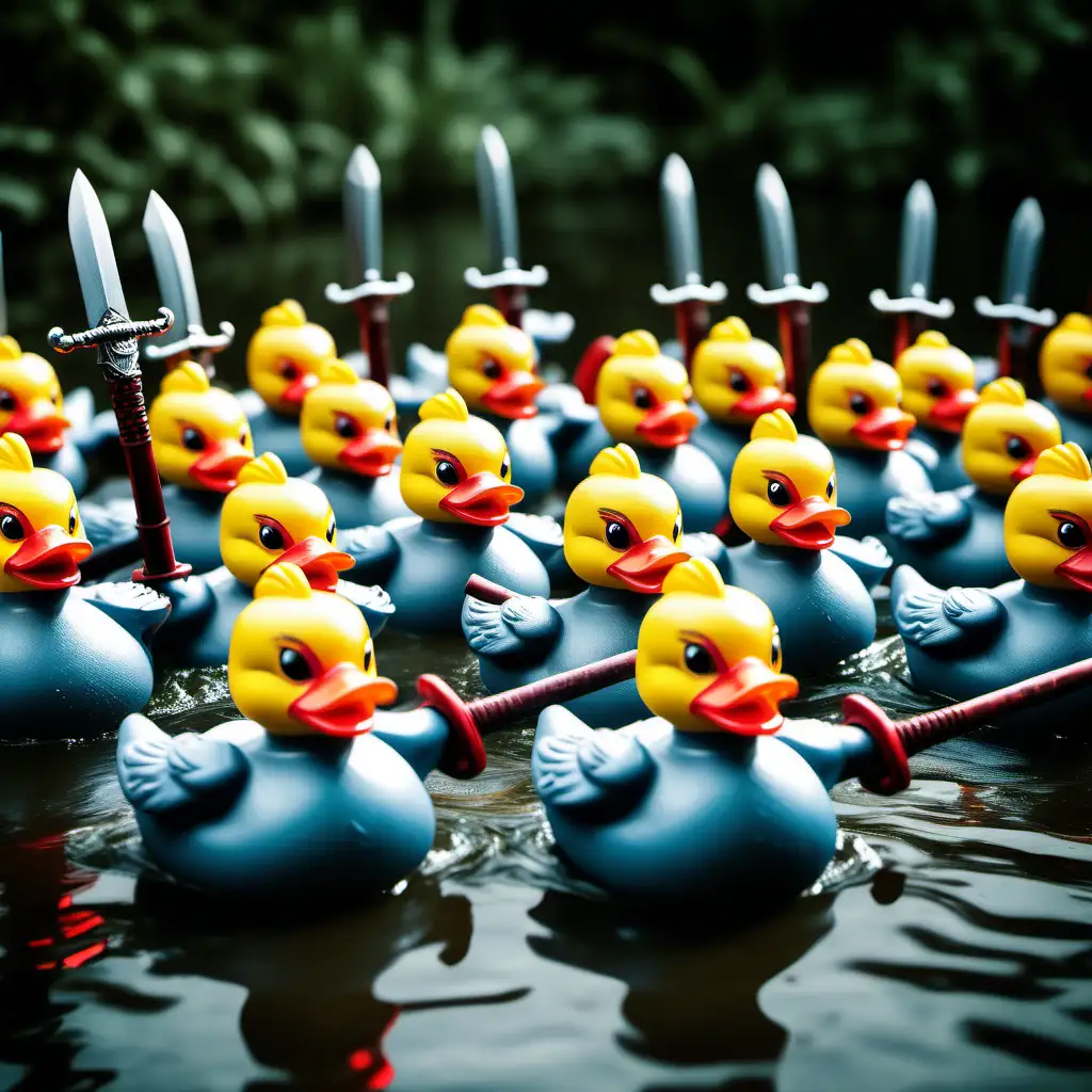 army of angry rubber duckies ready to fight, the duckies wear a sword, raw style, fantasy style, ultra detailed photography