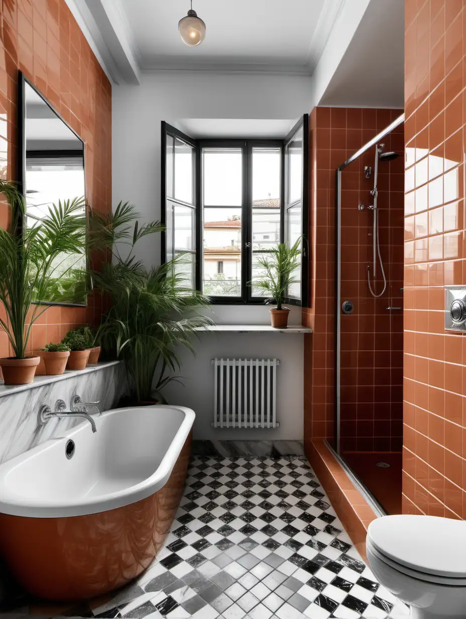 front view on mansard bathroom with shower, roof window,   MATTONELLE MARGHERITA terracotta color tile on wall, chrome faucets, plants, shutters cabinet with washing machine, black white  marble tile on the floor