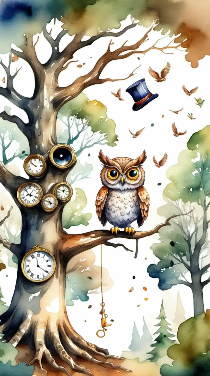 Create image of an oak tree in the forest, an owl flying with a monocle, use watercolor style, children gathering