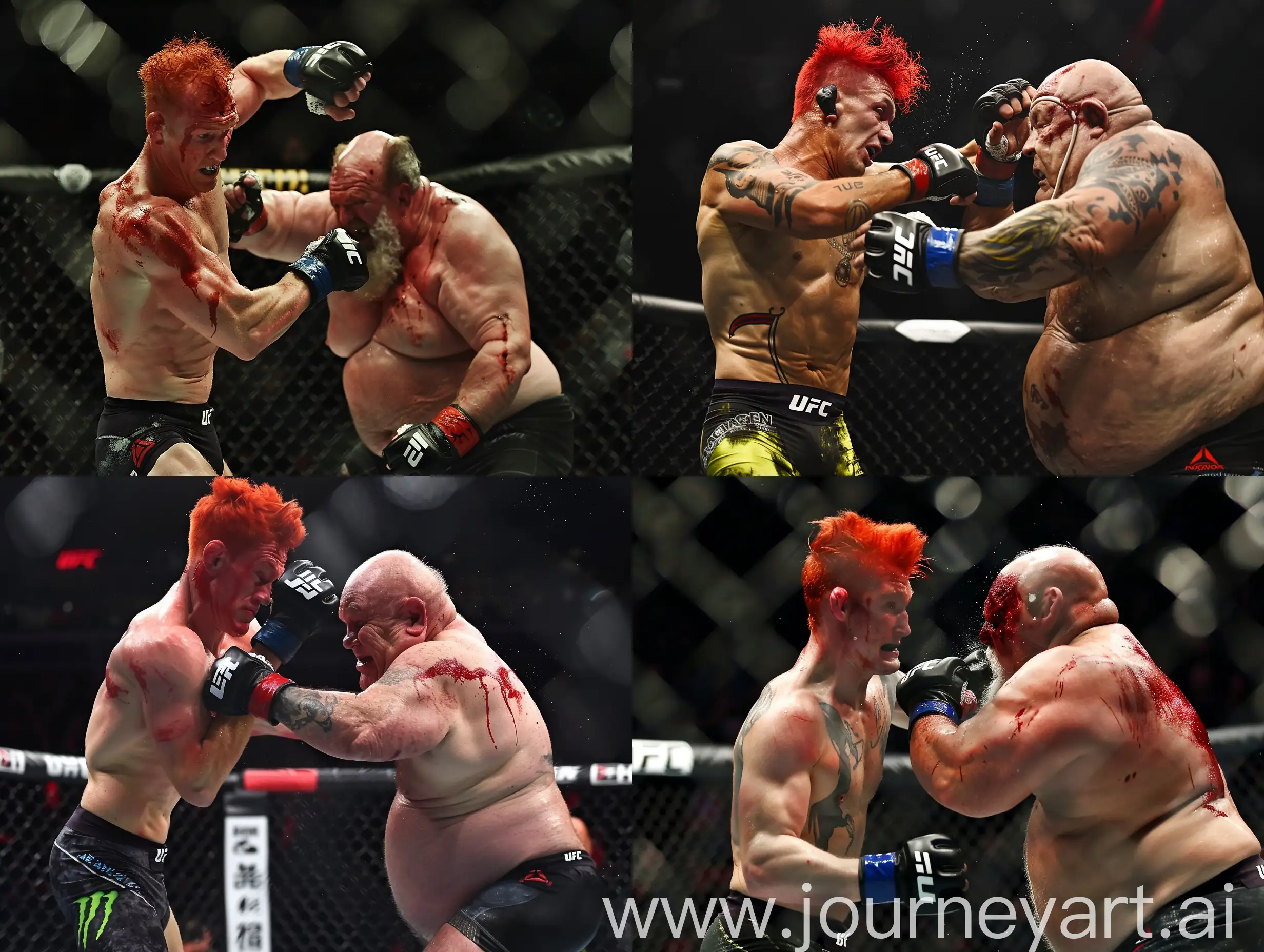 A red-haired, thin guy fights in the UFC octagon with a fat old man