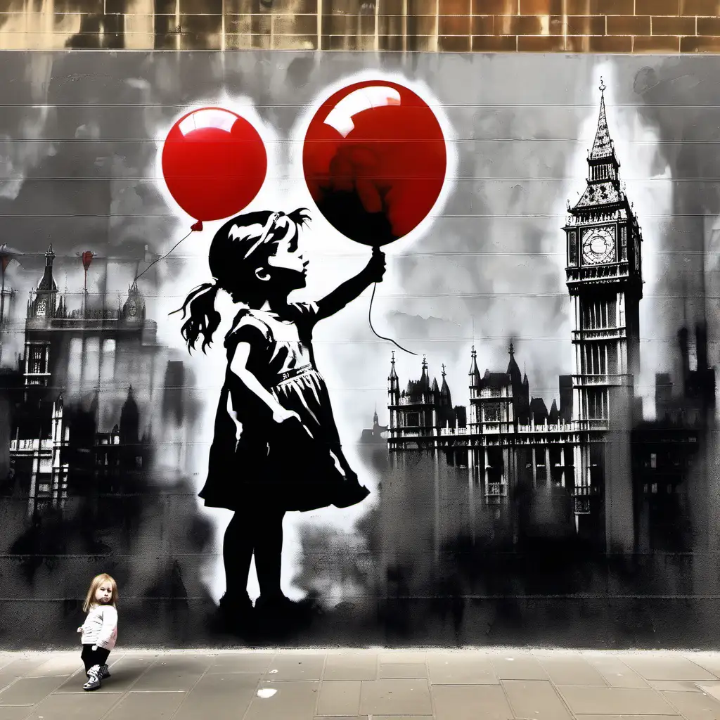 painting girl with balloon, style banksy with in the background the city of London
