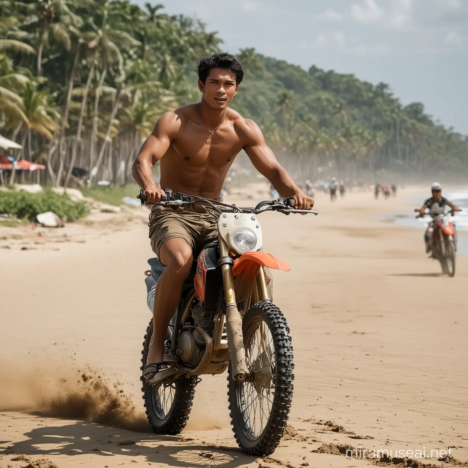 a very beautiful Indonesian man is riding a dirt bike, with a busy beach in the background

