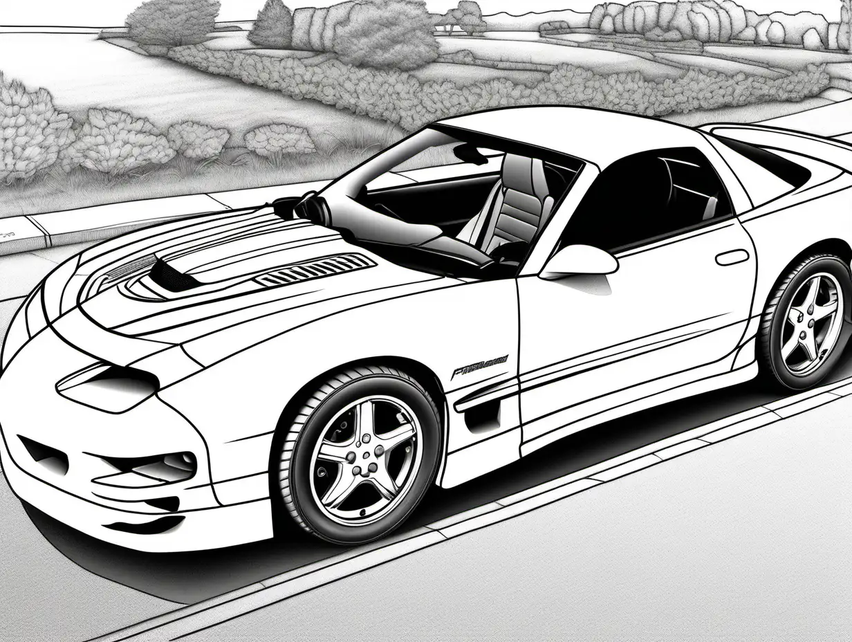 coloring page for adults, 1999 Pontiac Firebird Trans Am WS6, high detail, no shade