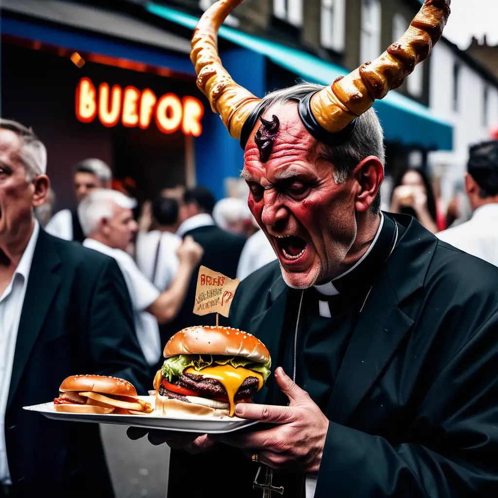 street party in hell, photography, natural colour, Fujifilm X100V, natural style,  ultra realism, a priest eating a burger with horns on his head