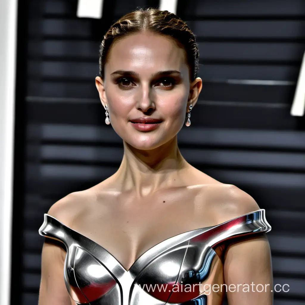 natalie portman transformed into a silver statue on display in a private museum