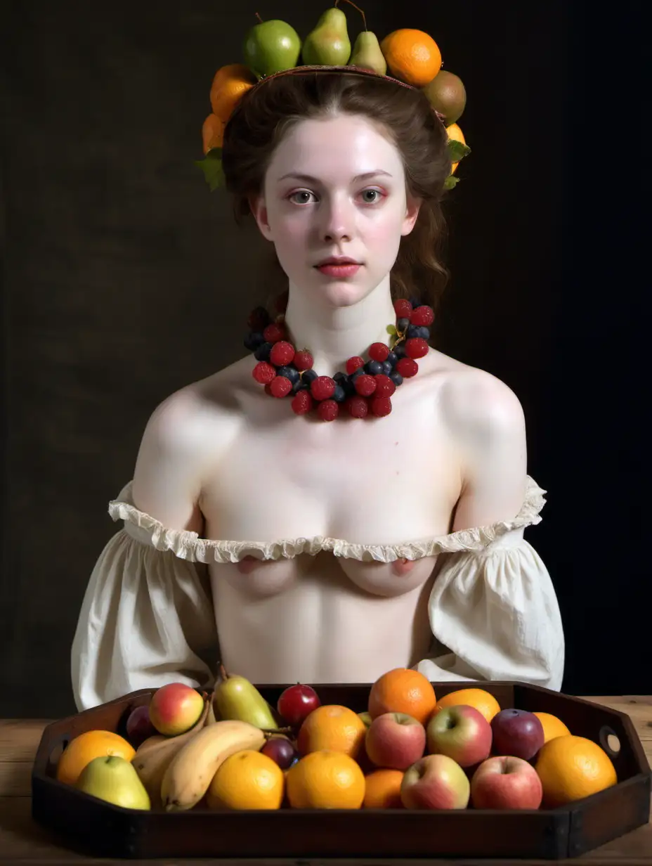 Estilo realista, Mujer joven, piel pálida, ojos color miel claro, pelo castaño, cuello de tela del siglo 18, con una bandeja llena de frutas encima de la cabeza, está desnuda, encima de una mesa de madera