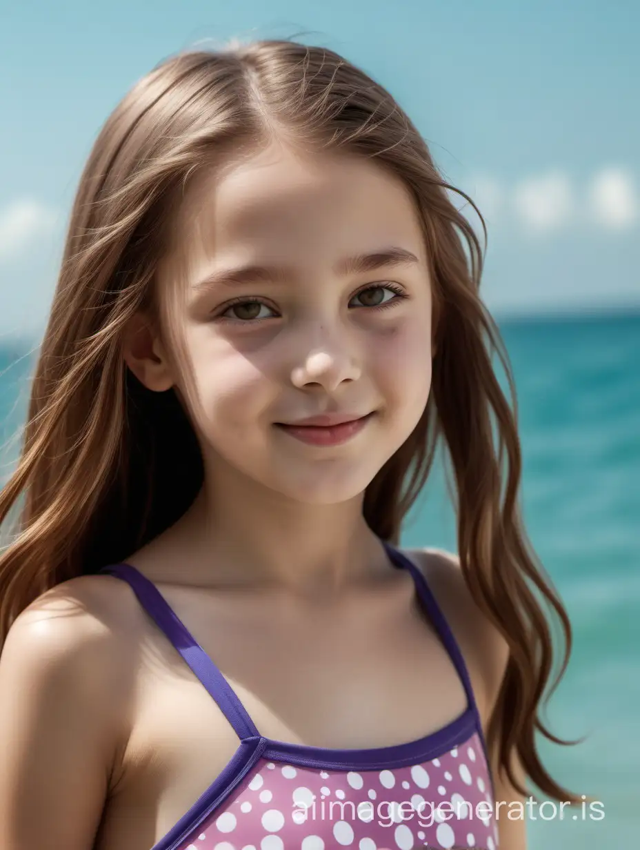 This 10-year-old girl has a slender body with graceful proportions. She has a round head with soft facial features. Her round eyes, hazel in color, radiate joy and curiosity. Her small nose is slightly upturned, giving her a friendly look. She has full, gentle lips that are often adorned with a cheerful smile. This girl's hair is long and thick, dark chestnut in color. It cascades down her back in soft waves, creating an elegant look. Her hair also has a natural shine and softness., 8K UHD, full body in image. Visible on her skin are traces of acne, rosacea, eczema, wrinkles, pimples, veins. On her, a swimsuit is worn, the girl has fat and problematic skin.
