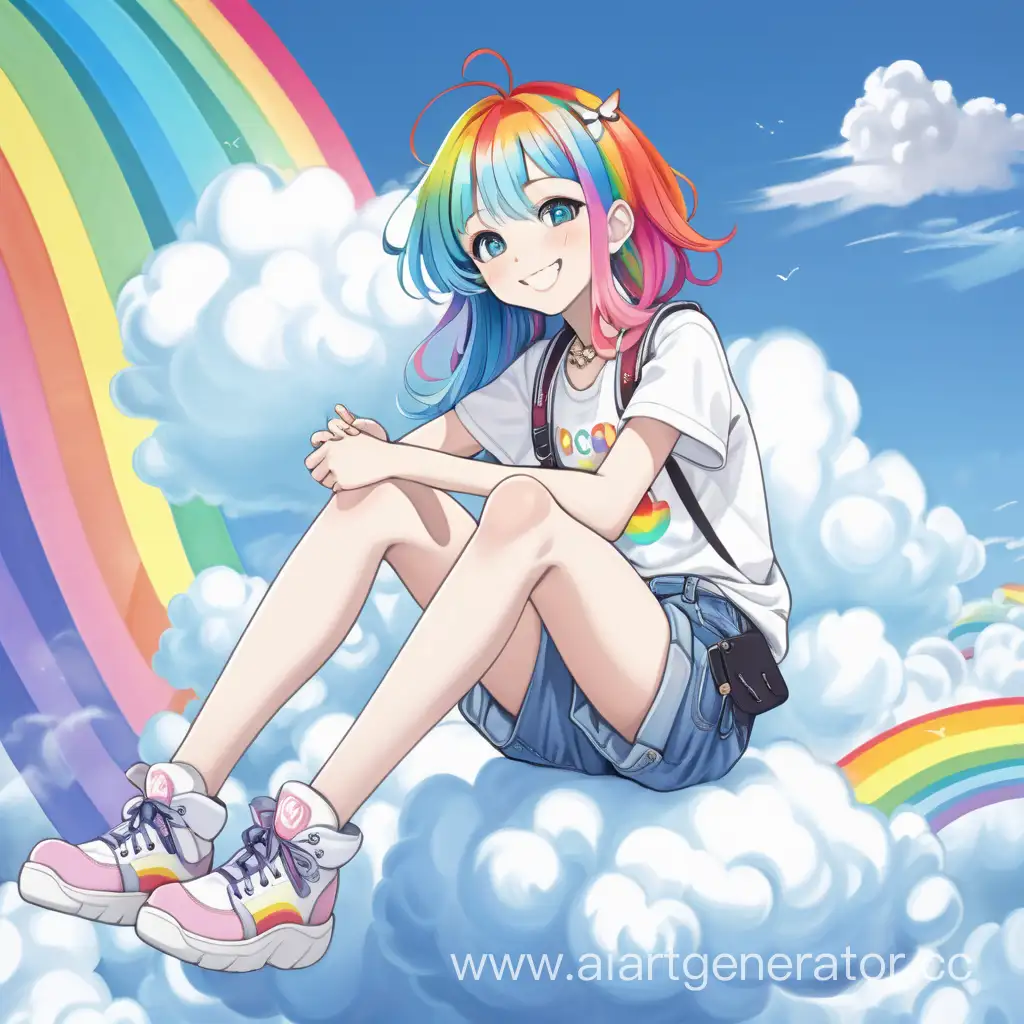 Smiling-Anime-Girl-with-RainbowColored-Hair-on-a-Heavenly-Cloud