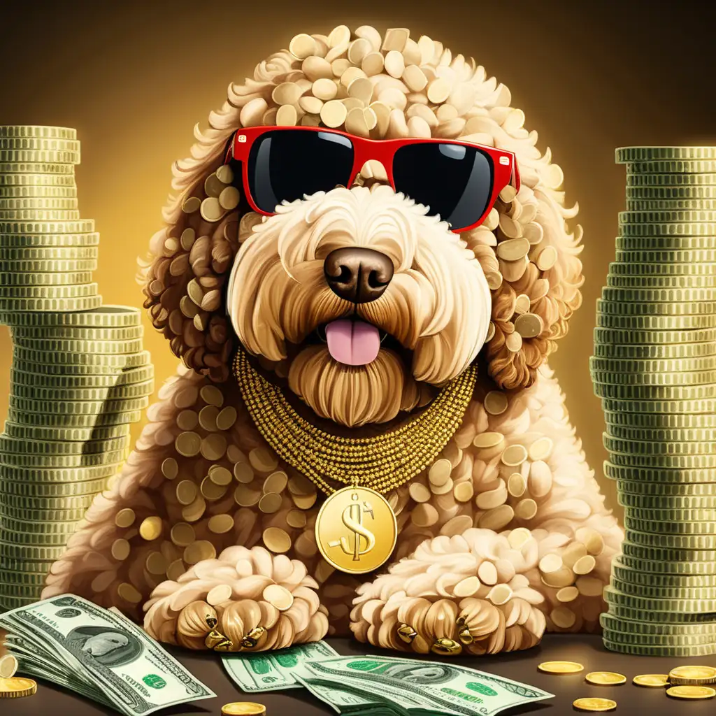 one fat labradoodle with gold coin necklace and stacks of money in club with sunglasses