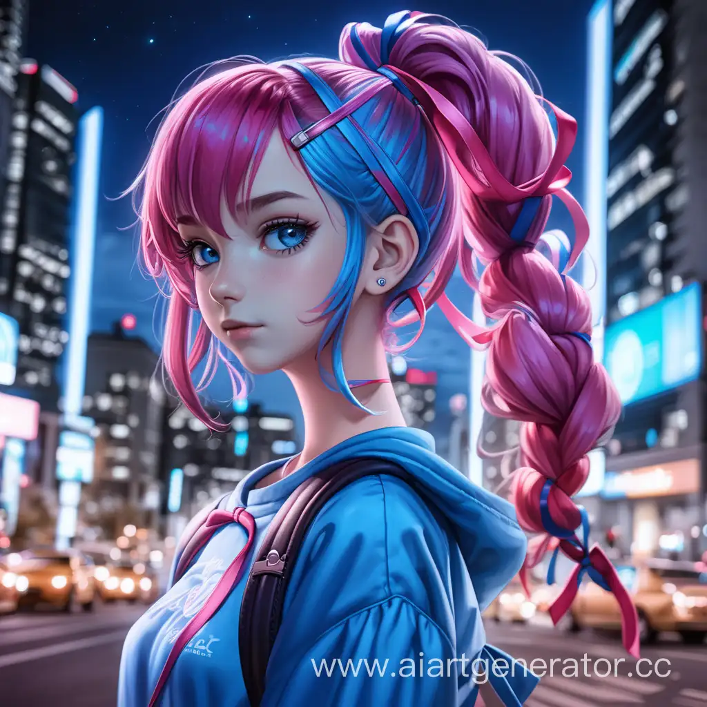 Glowing-Teenage-Girl-in-Vibrant-Night-Cityscape-with-Pink-Hair-and-Blue-Dress