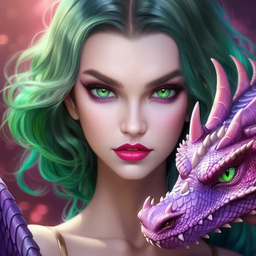 Enchanting Woman with DragonInspired HalfFace Featuring Pink and Purple Scales
