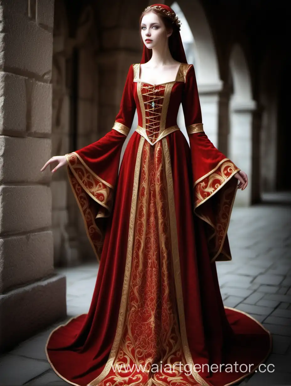 very beautiful red medieval dress, gold pattern