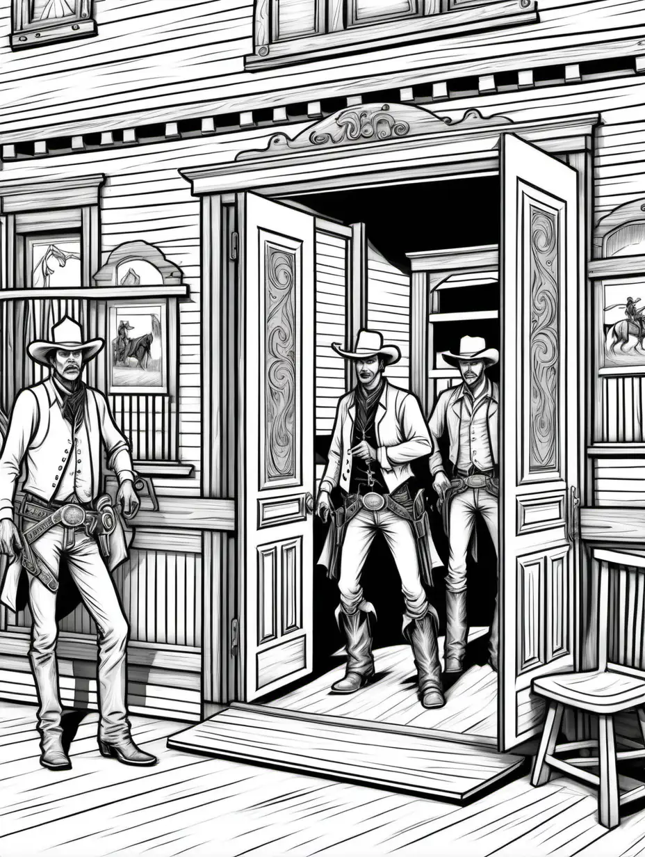 Coloring book page, Black and white fine line art work: Illustrate a classic Old West saloon with swinging doors, cowboys, and a dramatic showdown at high noon