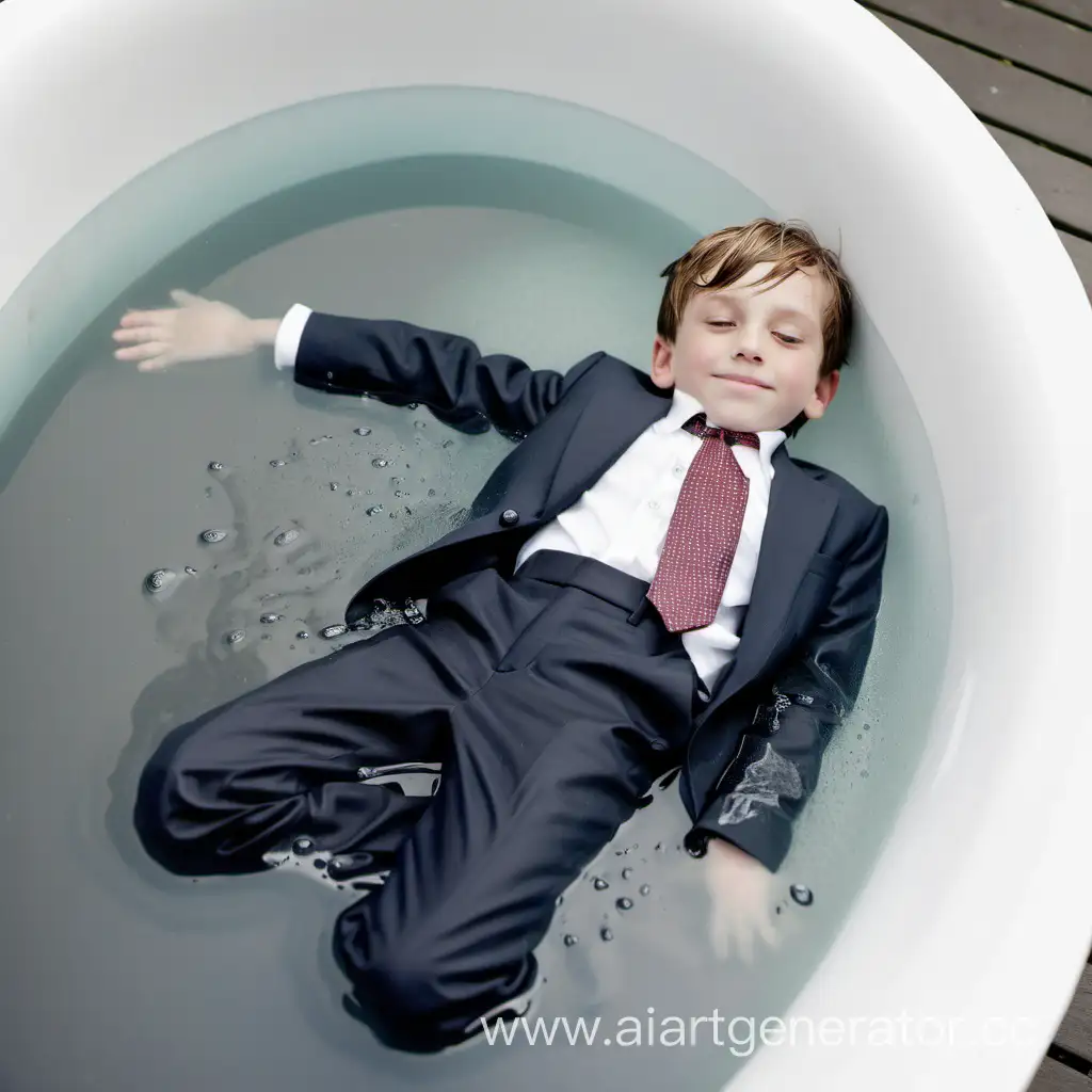 10 year old boy shirt, trousers, suit jacket laying on back in tub of water