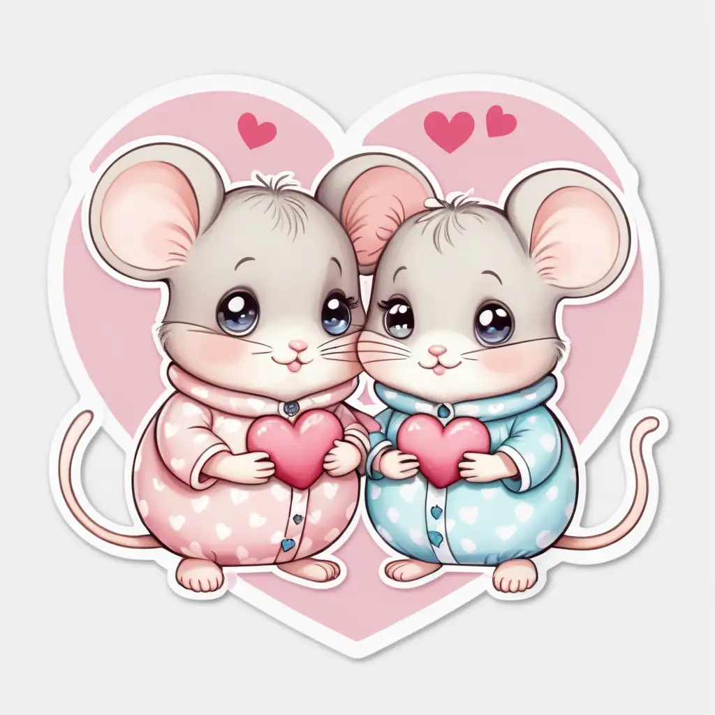 Cute,fairytale,cartoonwhimsical pastel chubby baby mouse couple, dressed up,big eyes, white background, with valentine hearts around, sticker, very colorful