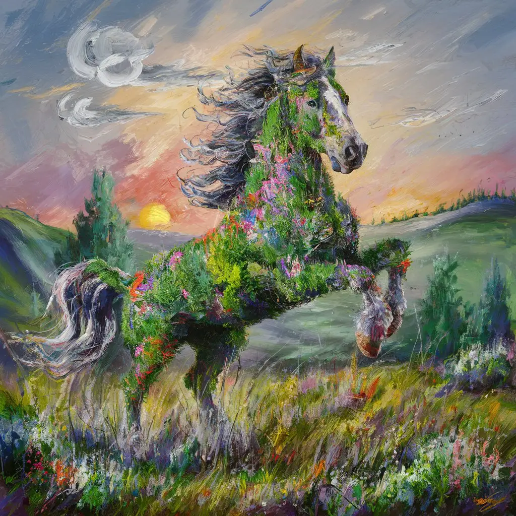 a horse made of wild flowers, grass, bushes and trees are rising above the ground, mounting, takes charge to set off with a giant leap, oil painting, strong brush strokes, jackson pollok style