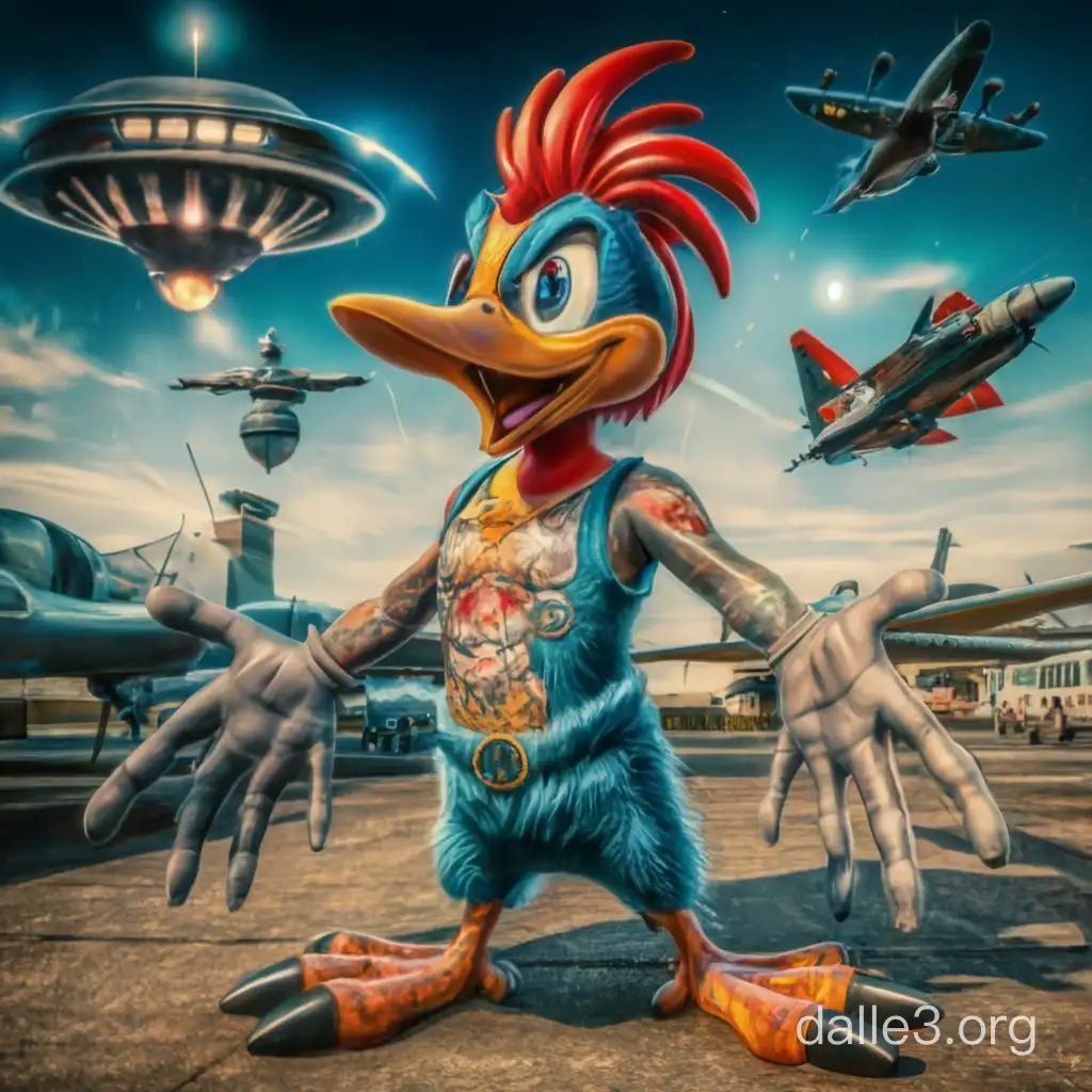 Woody Woodpecker with tattoos, street art style, UFOs with fighter jets in the background, bazooka in his hands, photo realism
