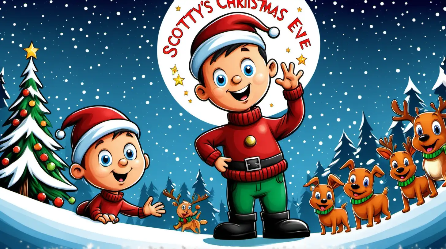 design a cartoon childrens book cover. title "Scotty's Big Christmas  Eve Adventure"
