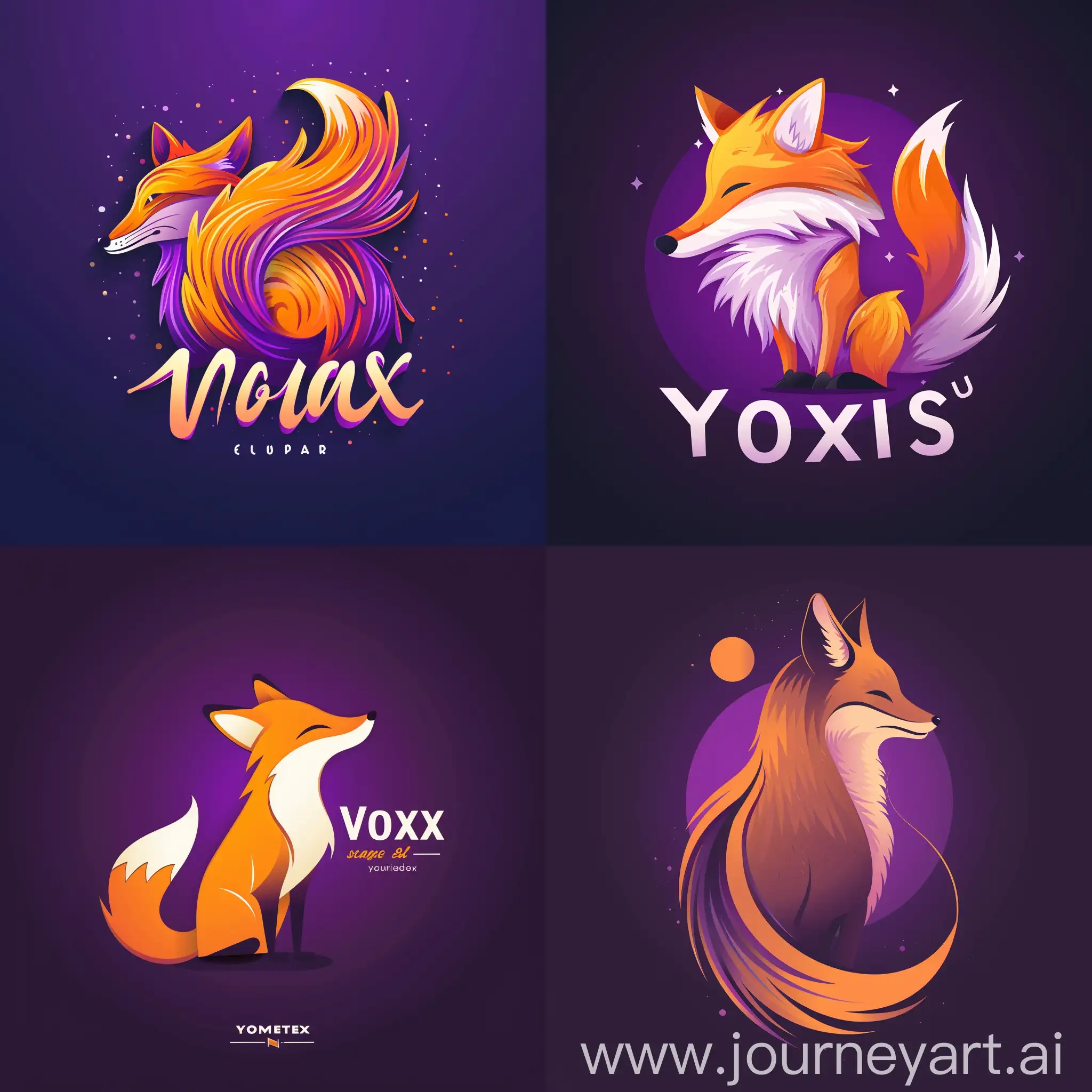 beatifull designed fox logo in purple background and with high detailed text 