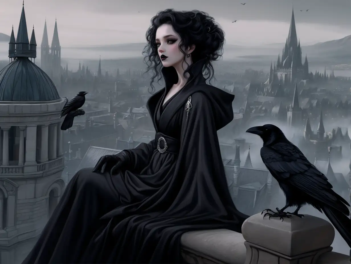 Dreaming city, beautiful, royal attire black curly hair, pale skin, grey eyes, dreaming city, black robes, black gloves, female, black make up, black mascara and lipstick, angered look on her face, robes, wideshot, overlooking the city, victorian, looking away from camera, hair tied up, a raven perched on her hand