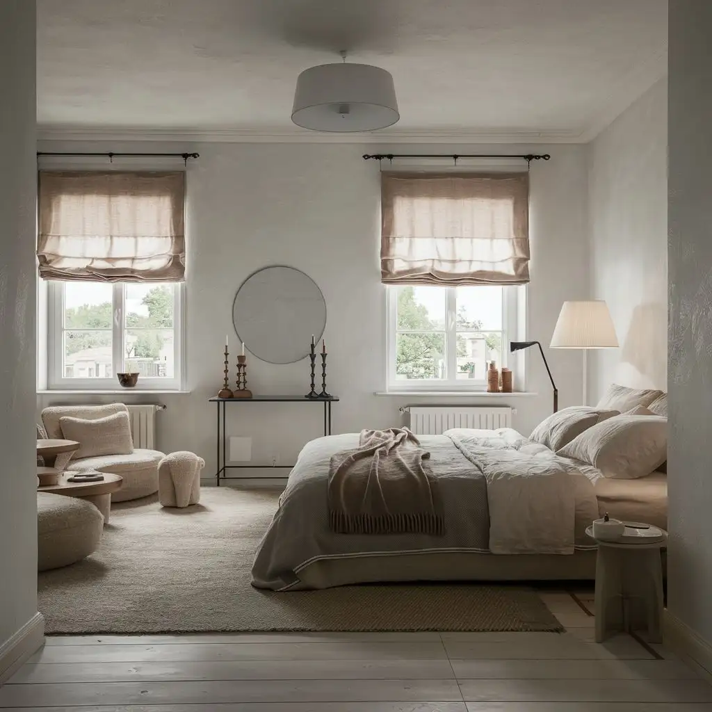 Do a bedroom in a minimalistisk style with a hotel feeling. The color palette is  natural nude colors like white with beige and brown details. There should be two windows with beige linen curtains.  
A white ceiling lamp hanging from the ceiling, two bedside tables on the side of the bed. A mirror and some cozy candlesticks and a table lamp in Danish design