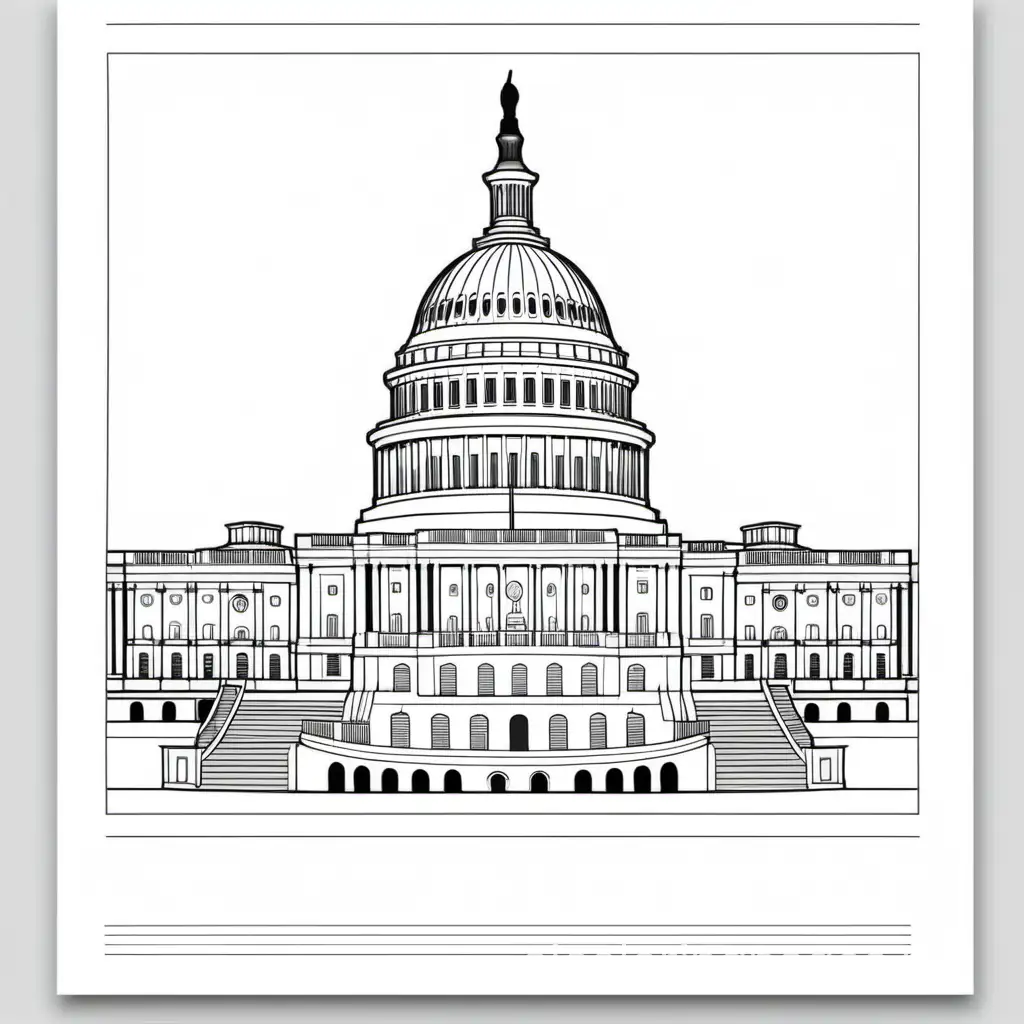 U.S. Capitol building from a distance, Coloring Page, black and white, line art, white background, Simplicity, Ample White Space. The background of the coloring page is plain white to make it easy for young children to color within the lines. The outlines of all the subjects are easy to distinguish, making it simple for kids to color without too much difficulty