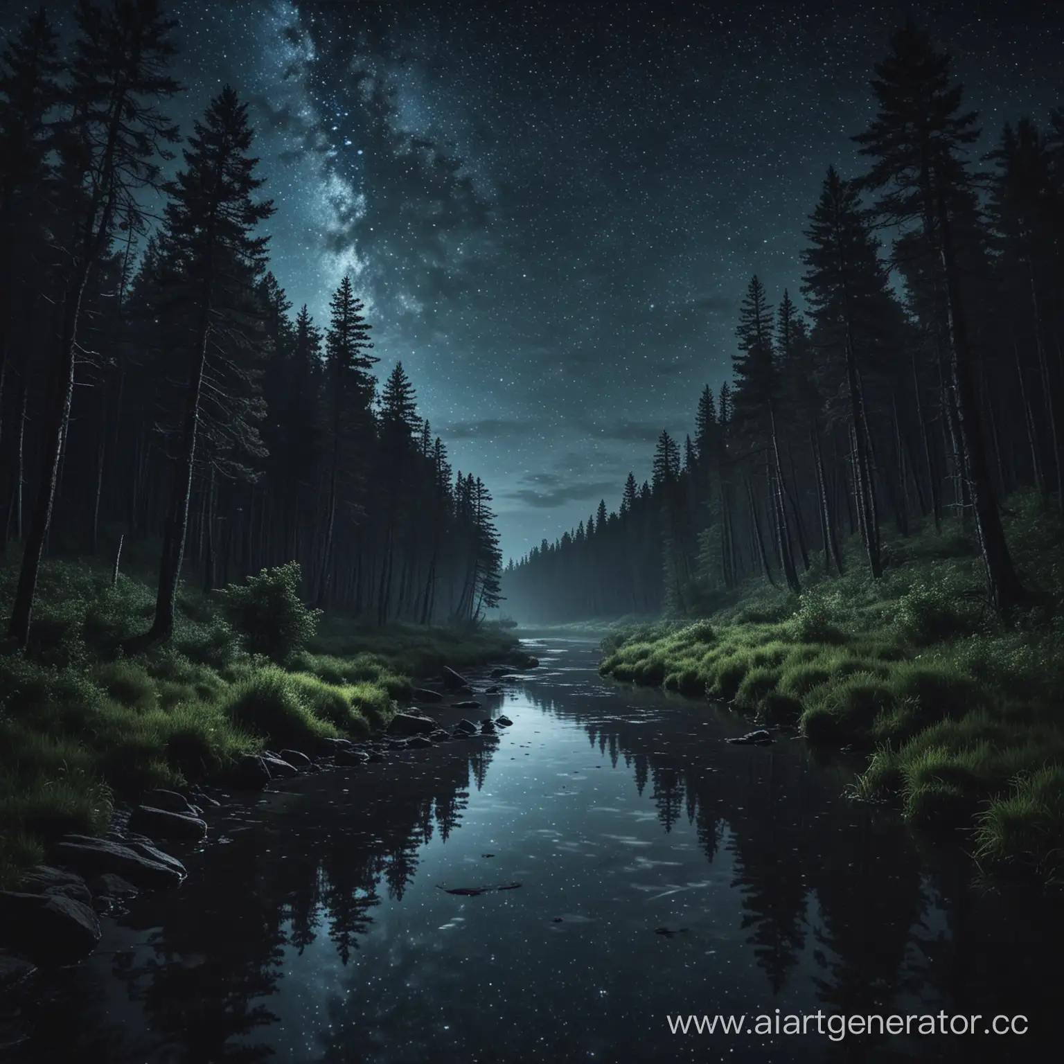 тёмный ночной лес, река, звёздное небо