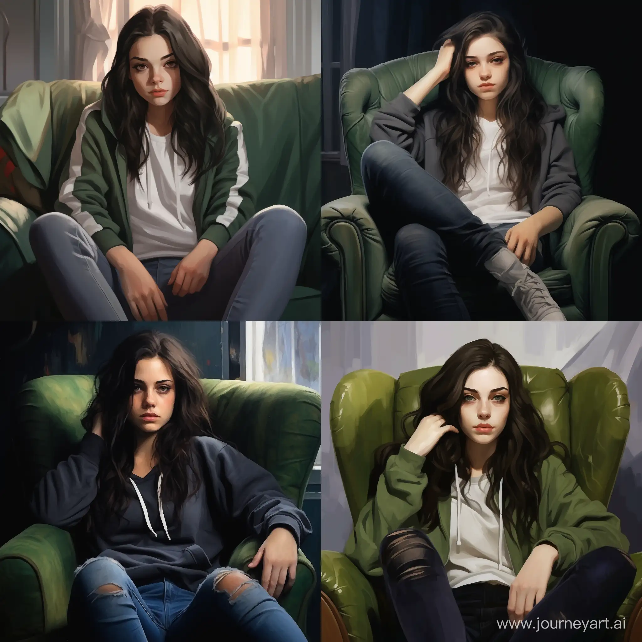 Beautiful girl, straight dark hair, expressive green eyes, snow-white skin, teenager, upset, in a hoodie and jeans, sitting in an armchair