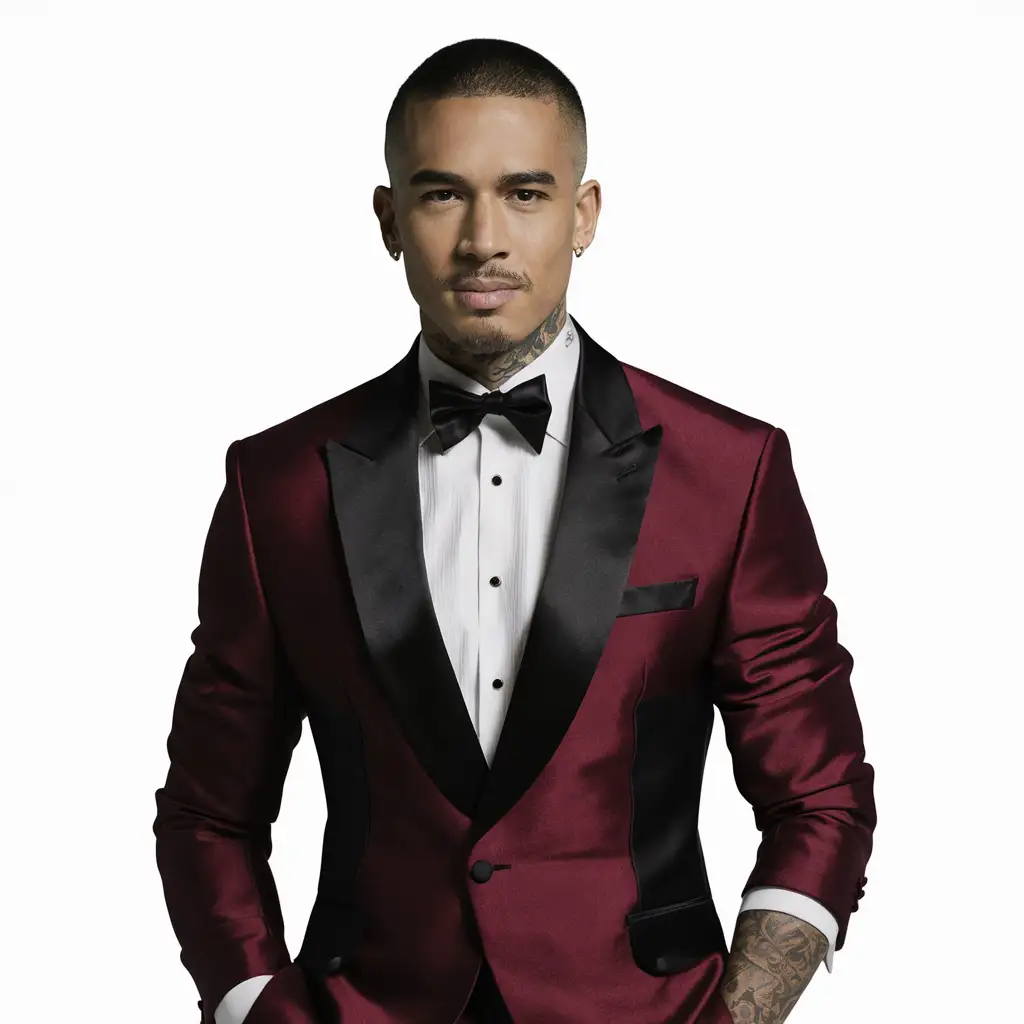 create an image of a african american male in a red and black tuxedo, low hair cut and handsome with had on the tuxedo lapel, more of a rough look with tatoos

