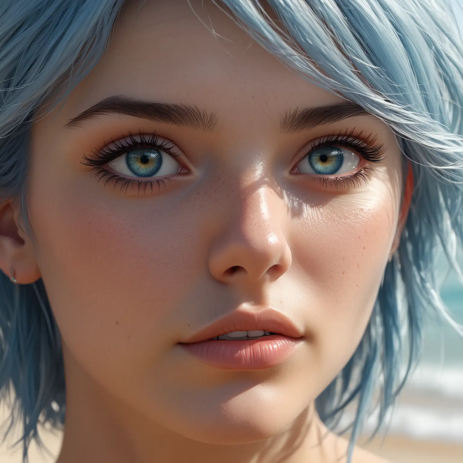 An ultra detailed, close up photo of the prettiest young woman on the beach, light gray eyes, blue hair, hyper realistic, realism, digital art, cinematic, sunlight, good, art by moebius and loish and wlop, ultra sharp focus, award winning photograph, perfect contrast, high sharpness, depth of field, ultra detailed photography, global illumination, smooth, ultra high definition, 8k, unreal engine 5, ultra sharp focus, award winning photograph, trending on artstation, full body shoot, big breast