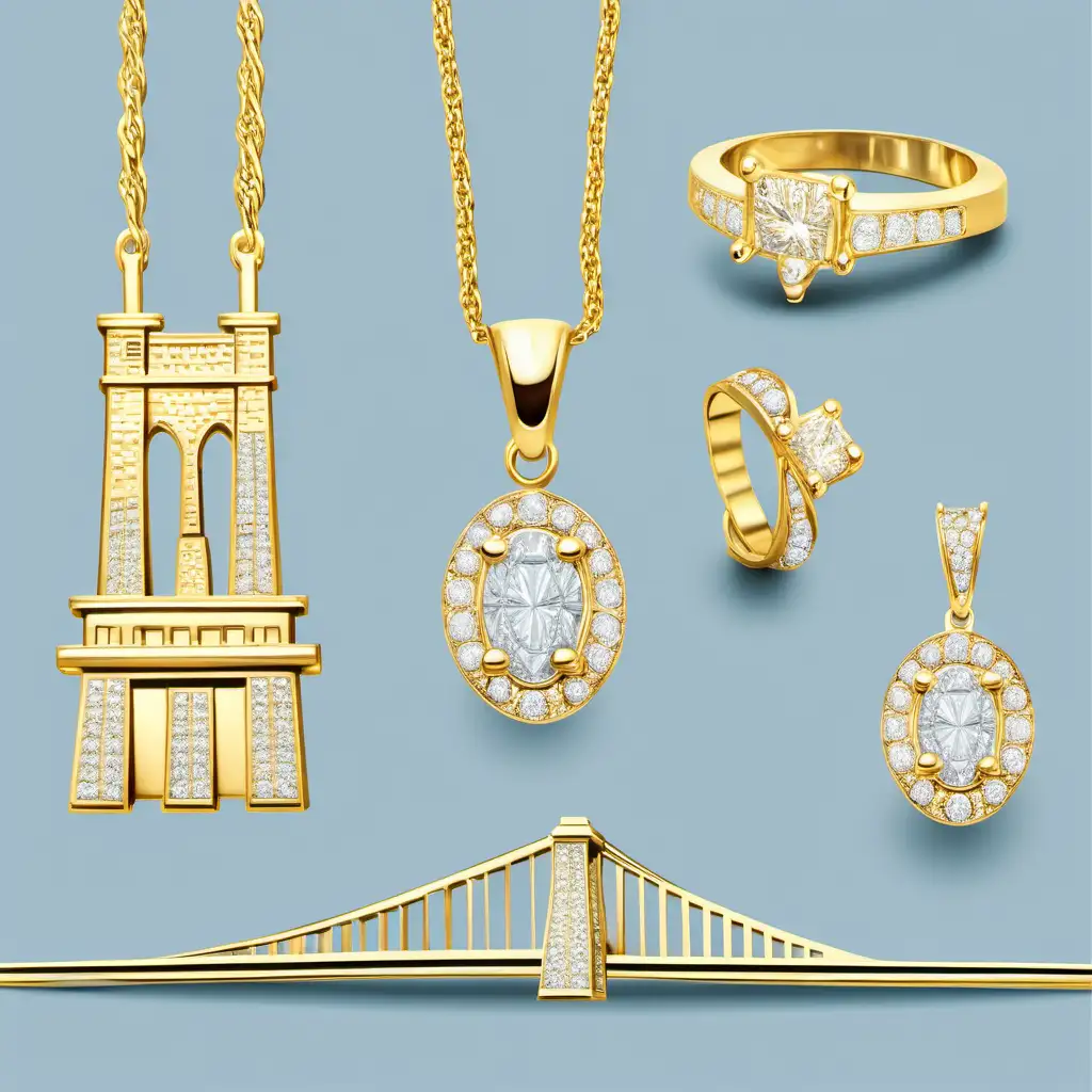 a beautiful jewelry set(gold and diamonds) of new york city, brooklyn bridge, statue of liberty, gold and diamonds only, ui, ux, ui/ux, website--v 4 --ar 2:3
