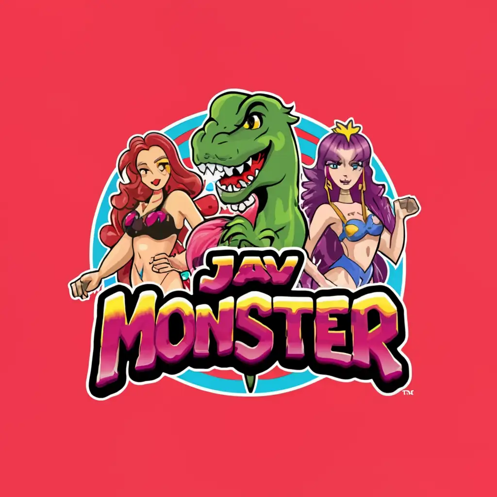 a logo design, with the text JAV MONSTER, main symbol: a funny and cute dinosaur with two sexy and hot Japanese idols wearing bikini, Moderate, clear background
