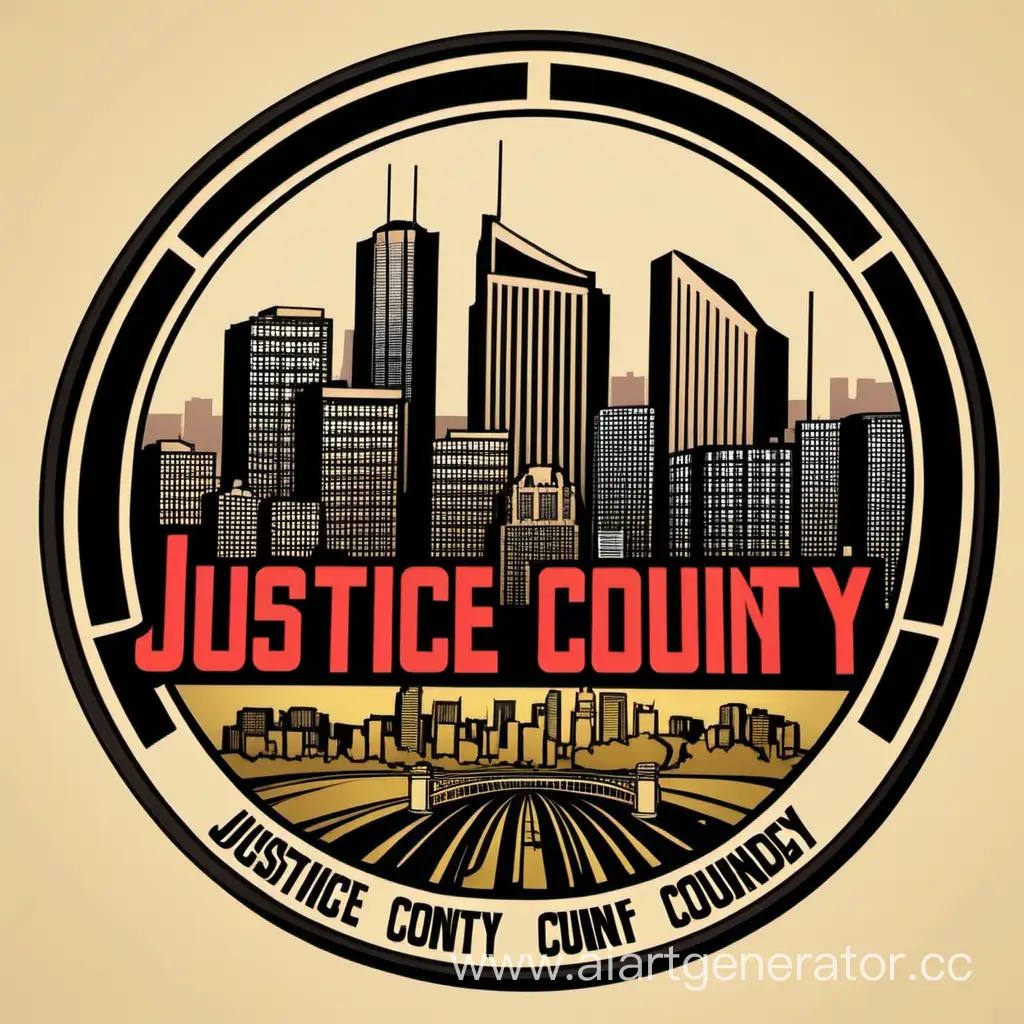Circle shaped emblem of a GTA themed city with the name JCRP written over it, around the emblem is the words justice county role-play