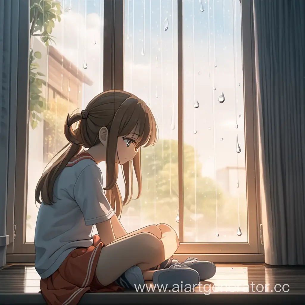 Anime, a girl sits by the window and is sad. It's raining outside and the sun is shining