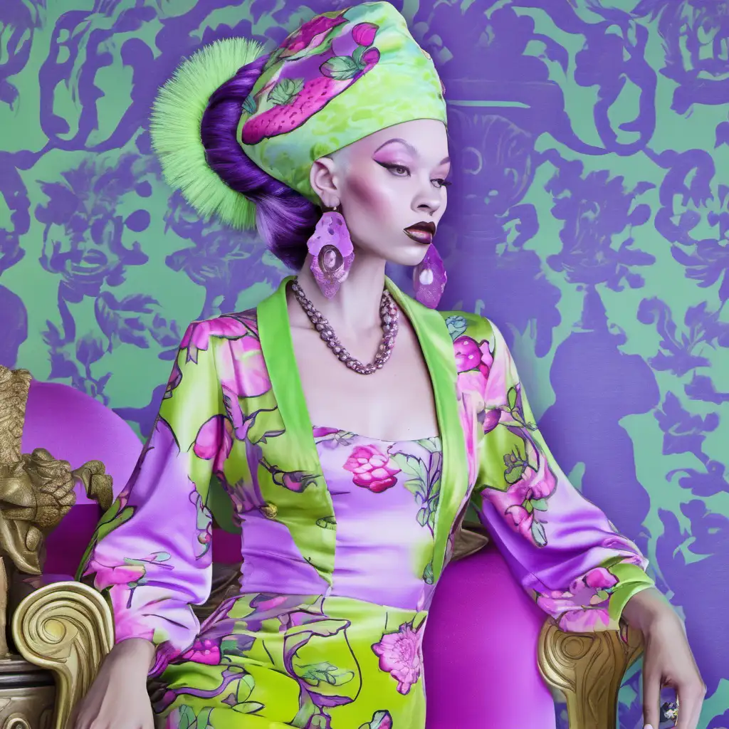 Elegant Vintage African Woman with Lavender Magenta Hair and Pagoda Headdress